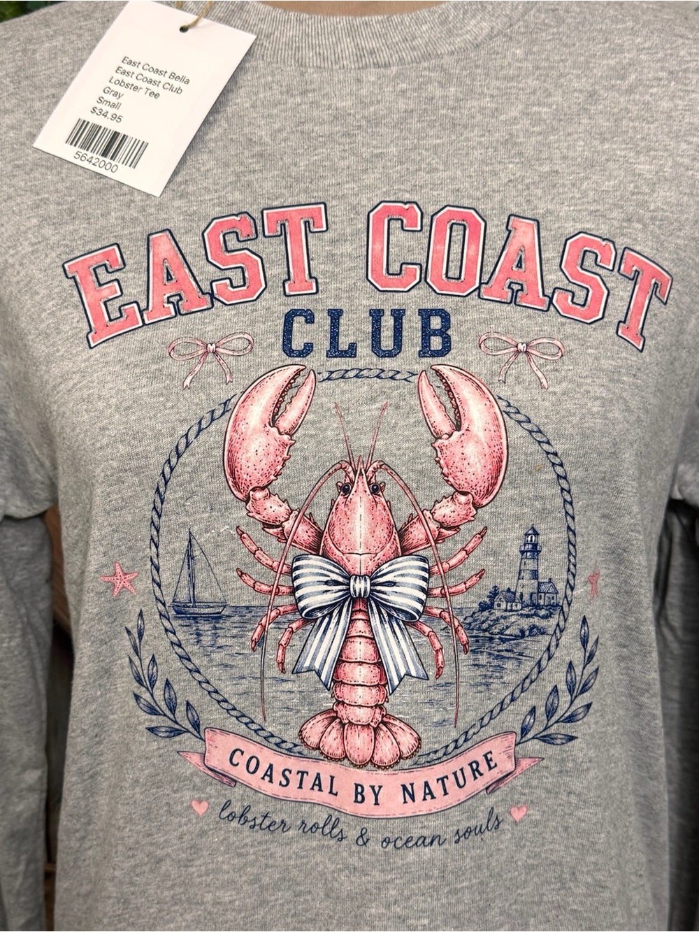 East Coast Club Preppy Lobster Long Sleeve T-Shirt in Gray Womens Small New Top - Picture 4 of 7